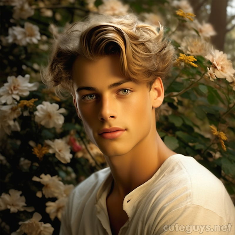 young guy with blonde hair posing in the garden