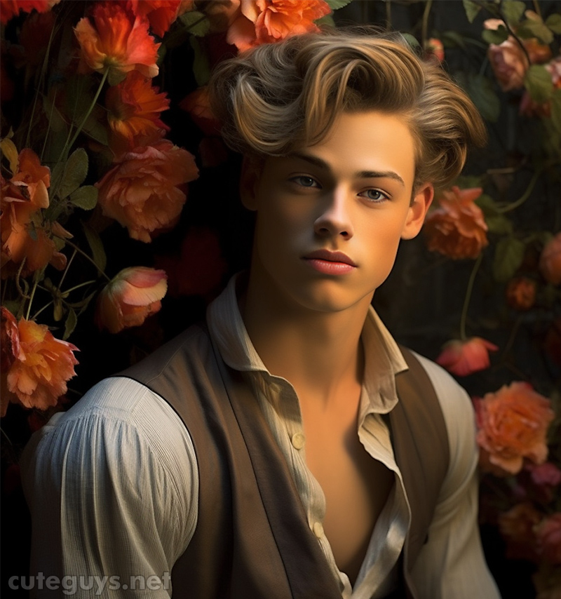 a young man with in the middle of the flowers in the style of glamorous hollywood portrait
